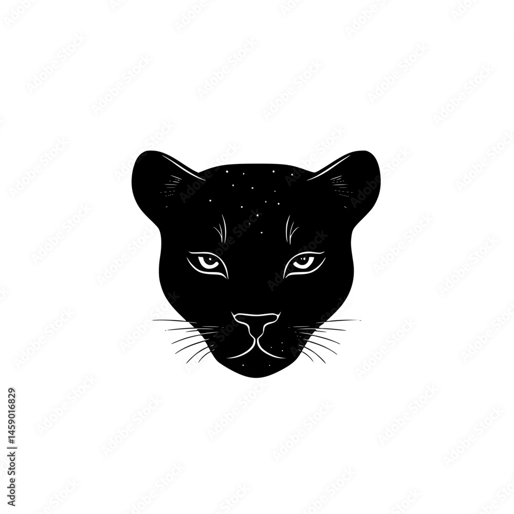 Poster flat black icon representing the face of a panther with distinct features and sharp eyes on a white 