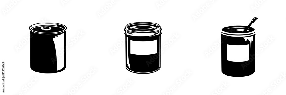 Poster flat black icons representing three different types of containers commonly used in kitchens, showcas