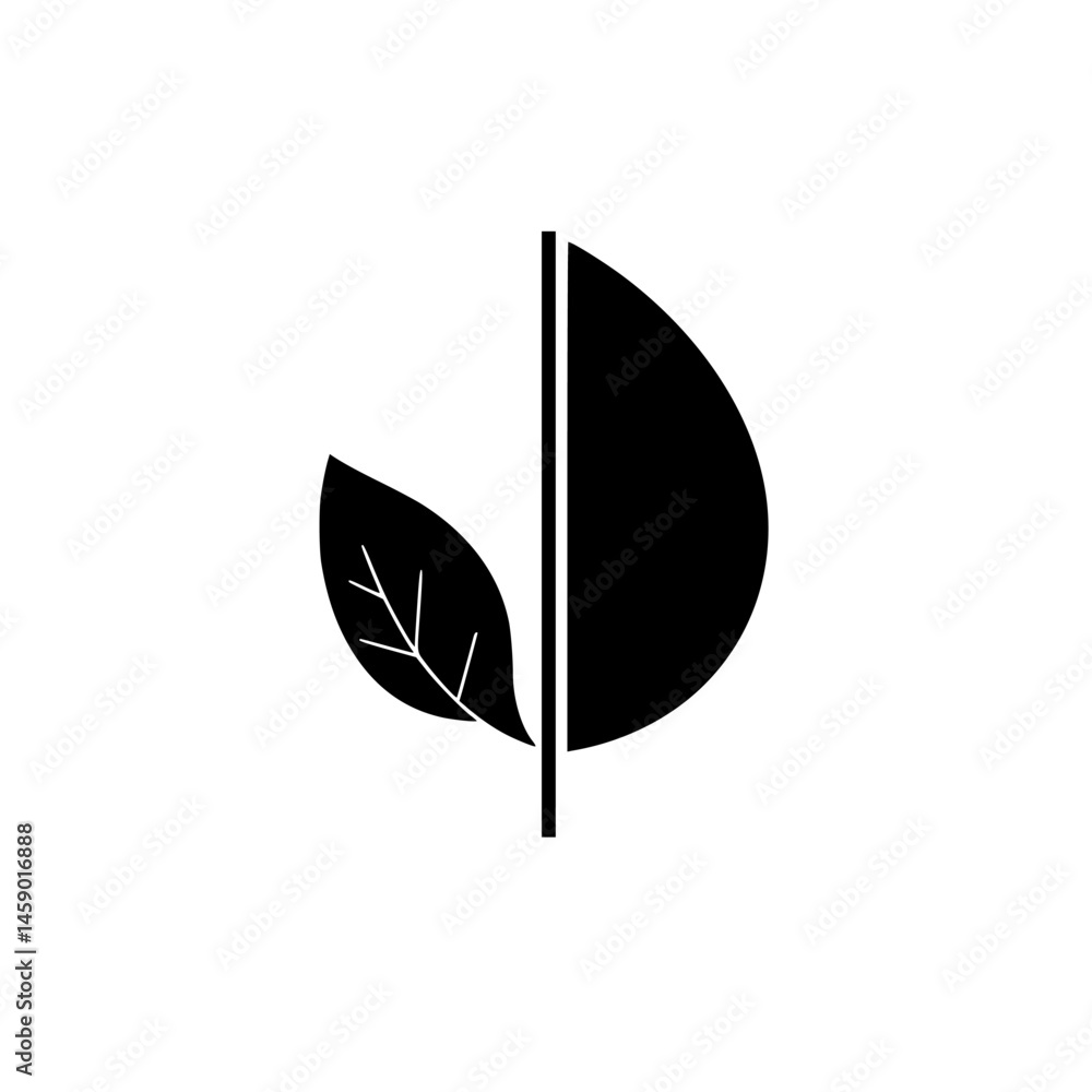 Poster icon design featuring a flat black representation of two leaves intersected by a vertical line in a 
