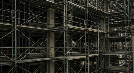 Building Construction Site Scaffolding Framework Metal Steel Architecture Structure Renovation Facade Exterior Development Progress