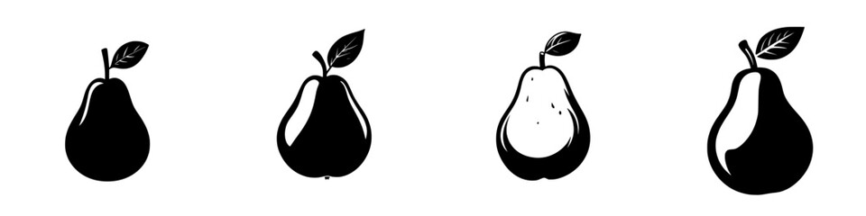Various flat black icons of pears showcasing different shapes and designs in a minimalist style for graphic use