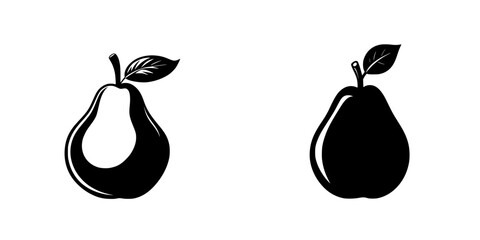 Two flat black pear icons with leaves on a white background, showcasing distinct shapes and designs suitable for various uses