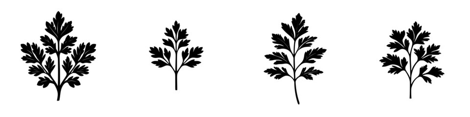 Decorative flat black icons of various leaf designs arranged in a row for graphic applications and creative projects