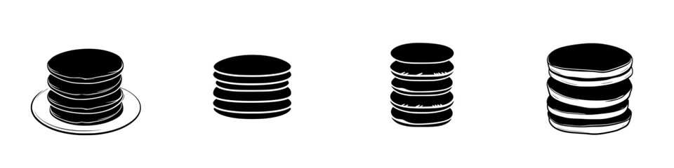 Flat black icon depicting stacked pancakes in various arrangements, showcasing simplicity and elegance suitable for culinary projects