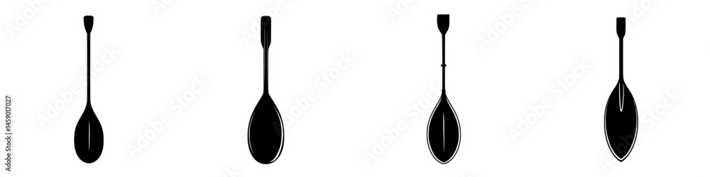 Poster flat black icons representing various types of spoons arranged in a row against a simple background
