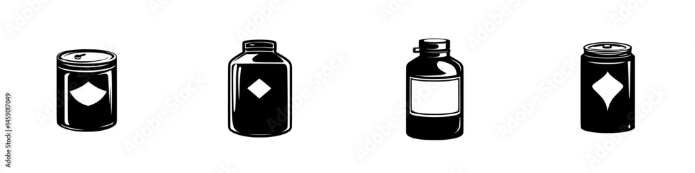 Poster black icons representing various containers, showcasing different shapes and sizes, suitable for des
