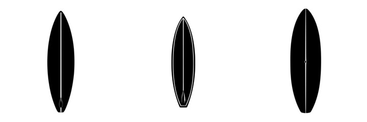 Flat black surfboard icon collection suitable for digital design and branding purposes