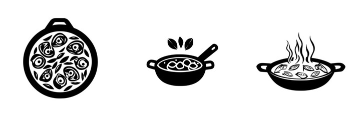 Cooking process illustrated with black icons depicting various stages of preparing a meal with ingredients and steaming pots