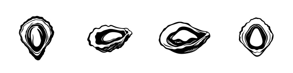 Four flat black oyster icons showcasing different perspectives of the shell and meat in a simple and clean design