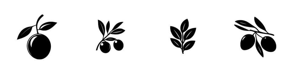 Flat black icon set featuring olive branches and olives, suitable for various design projects and branding needs
