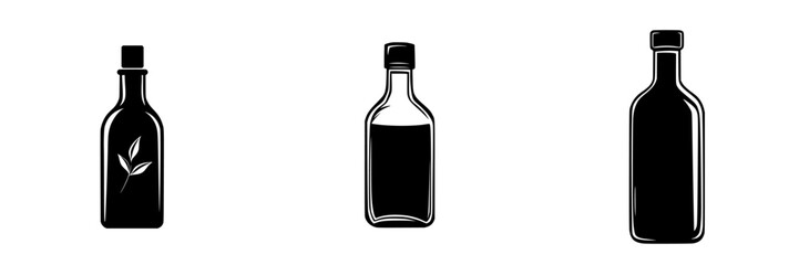 Flat black icons representing various bottle shapes suitable for design illustrations and graphics used in branding and packaging