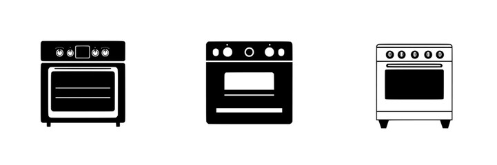 Obraz premium Flat black icons of three different kitchen ovens displayed on a white background highlighting modern appliance design