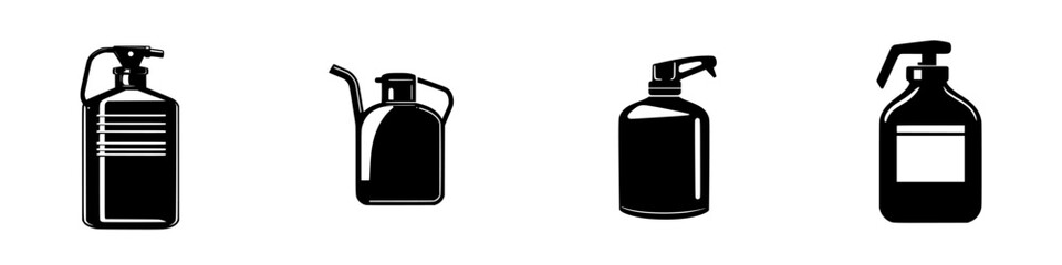 Black flat icons representing various types of spray bottles and containers used for liquid storage and dispensing in household or industrial settings