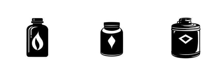 Flat black icons of different bottle shapes representing liquids and substances for graphic design and illustration use