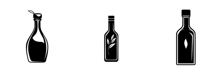 Three flat black icons of different bottle designs suitable for various uses in graphic design and branding materials