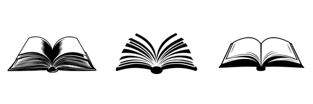 Flat black icons representing open books displaying different styles and orientations for educational or design purposes