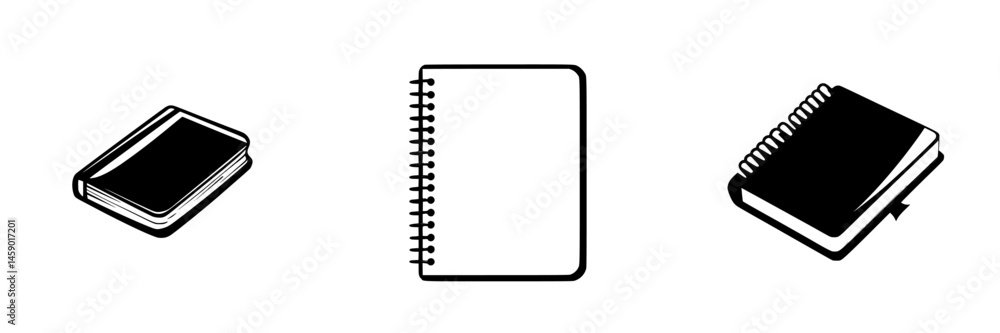 Poster flat black icons of three different types of notebooks showcasing designs for various uses in educat