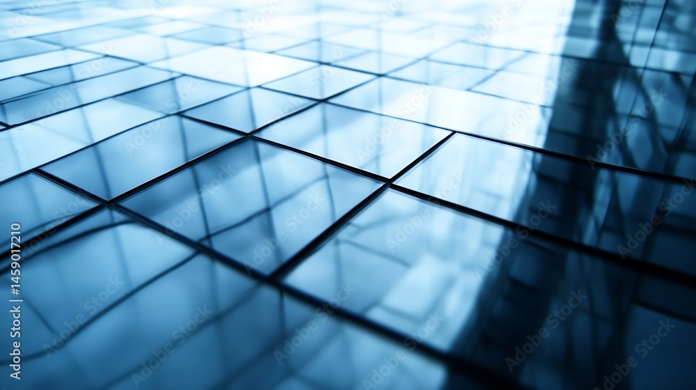 Aufkleber Abstract reflection in a grid of blue glass panels, showcasing a modern architectural design with a cool, serene atmosphere. The image evokes a sense of depth and sophistication. : Generative AI