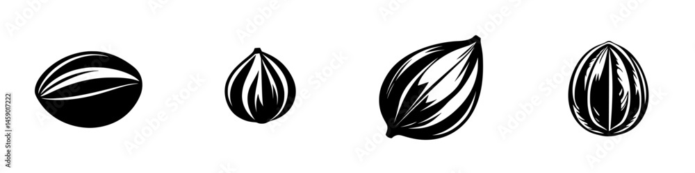Poster flat black icons representing various seed shapes arranged in a horizontal line against a white back