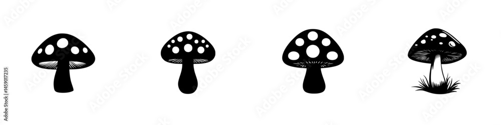 Poster flat black mushroom icons with various designs and patterns for creative projects