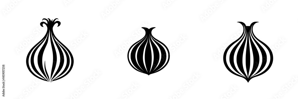 Poster flat black onion icons with distinct shapes and stripes designed for versatile graphic use in creati