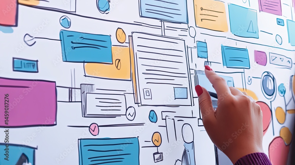 Poster interactive schematic process with hand pointing elements for innovation thinking