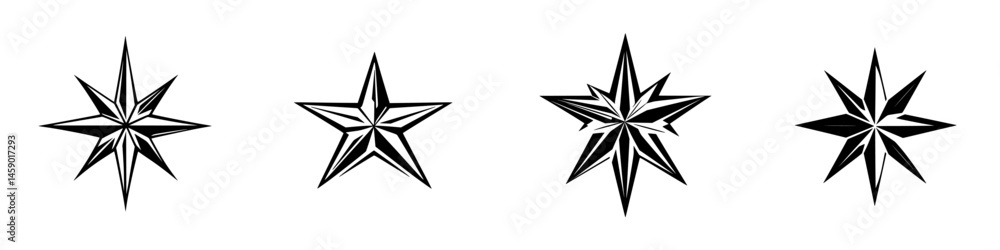 Poster vector icons of stylized black stars with sharp edges and unique designs representing various symbol