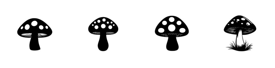 Flat black mushroom icons with various designs and patterns for creative projects
