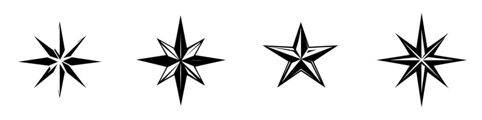 Flat black star icons illustrating various designs and shapes suitable for navigation and decoration