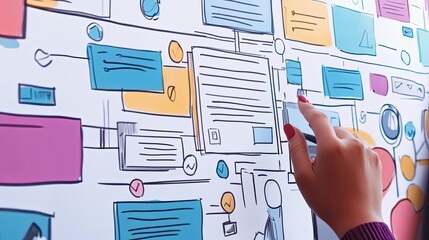 Interactive schematic process with hand pointing elements for innovation thinking