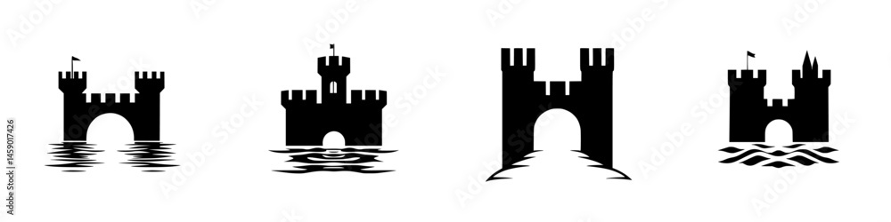 Poster flat black castle icons representing different designs and styles for use in various graphic applica