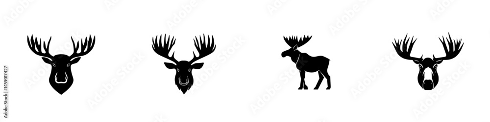 Poster flat black icon designs featuring various deer silhouettes in a minimalistic style for use in graphi