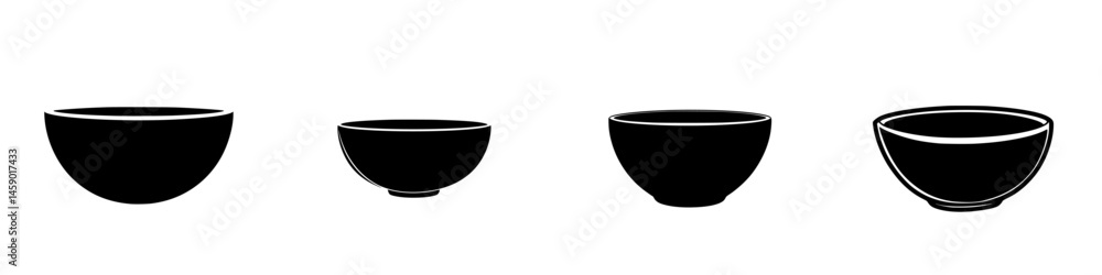 Poster flat black bowl icons representing different shapes and sizes in a minimalist design for graphic and