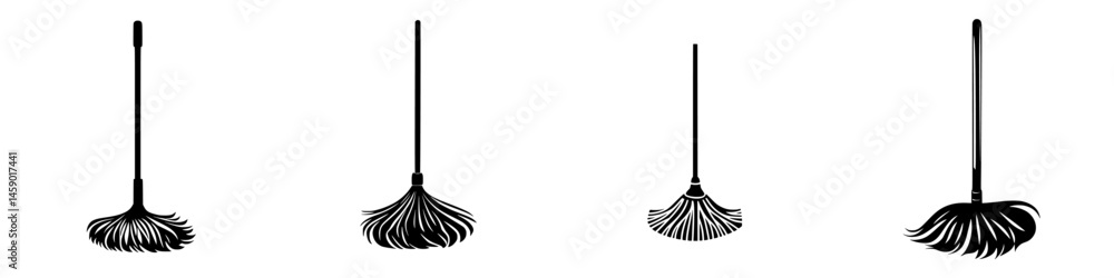 Aufkleber flat black icon featuring multiple broom designs showcasing different styles and forms for cleaning 
