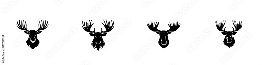 Poster stylized flat black icons of different deer heads in a minimalistic design suitable for various crea