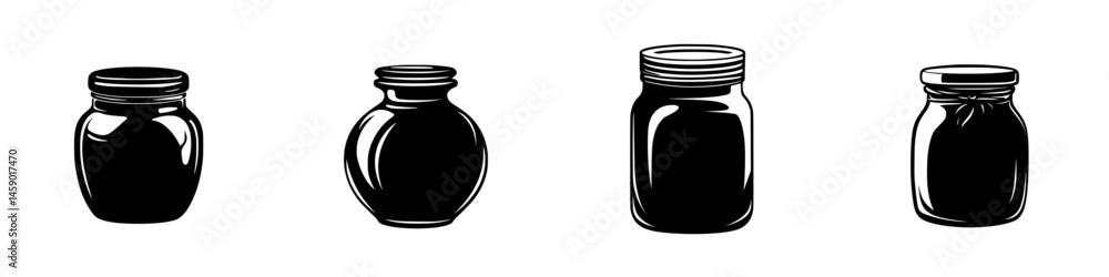 Poster flat black icon collection featuring various jar shapes and sizes suitable for diverse design projec