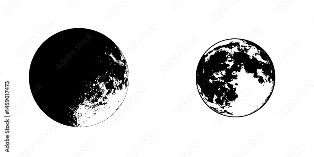Poster black icons depicting celestial bodies with varying textures and sizes representing the moon and a d