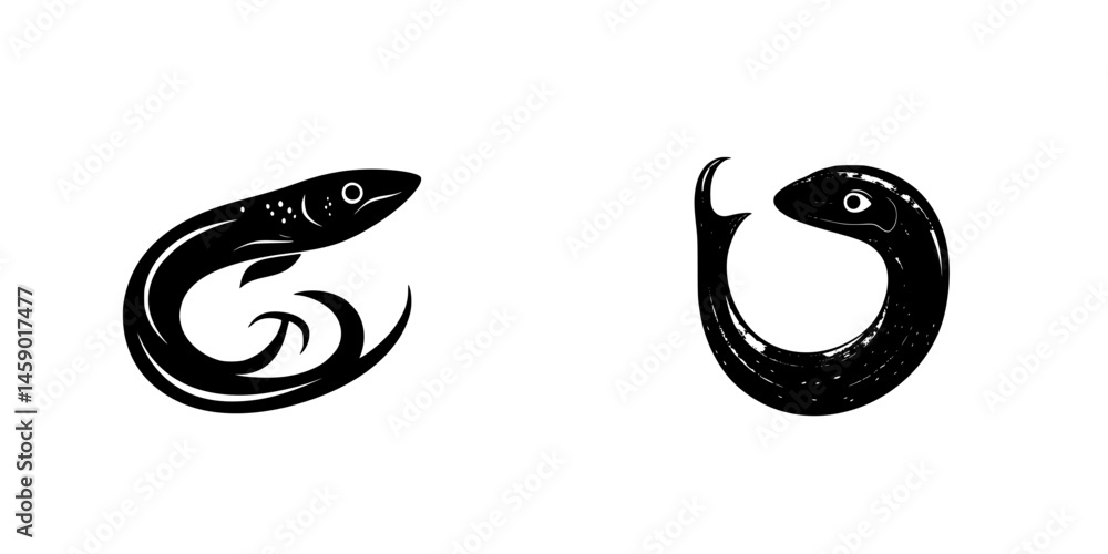 Poster flat black icons depicting two stylized eel-like creatures with distinct features and curves for des