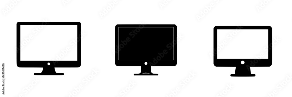 Poster flat black icons representing different types of computer monitors in a minimalist design suitable f