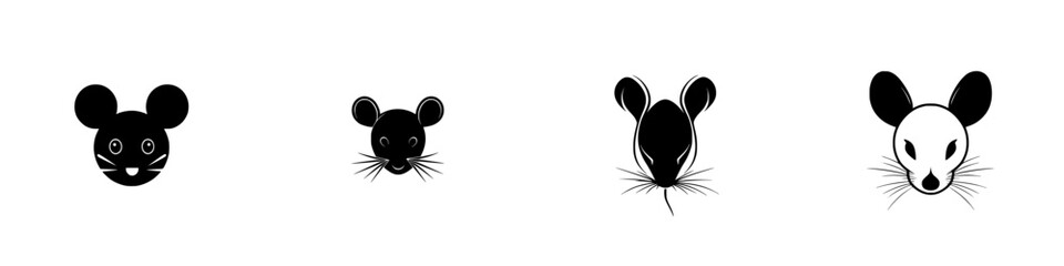 Black icon illustrations featuring various mouse designs showcasing different facial expressions and styles for graphic use