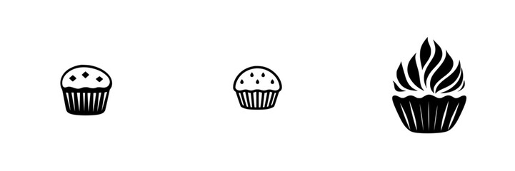Flat black icons representing various types of cupcakes, showcasing a minimalist design suitable for baking or dessert themes