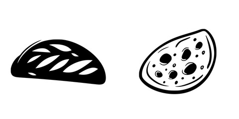 Black flat icon featuring a loaf of bread and a slice of cheese designed for culinary design and illustration