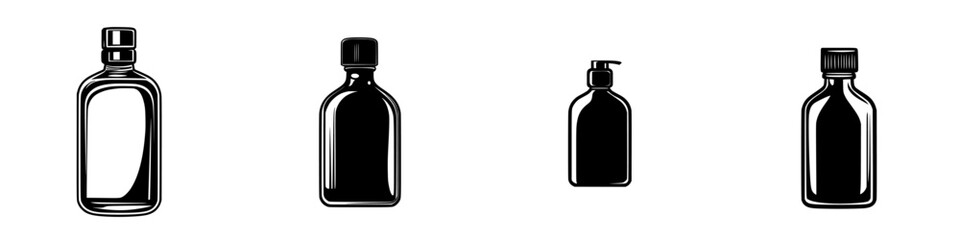 Minimalist flat black icons of various bottle shapes for graphic design, branding, and versatile digital illustrations