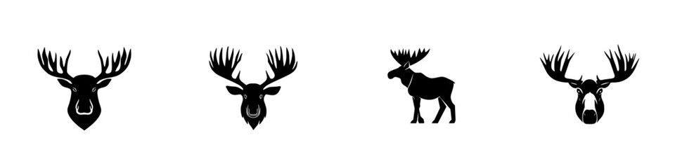 Flat black icon designs featuring various deer silhouettes in a minimalistic style for use in graphic applications