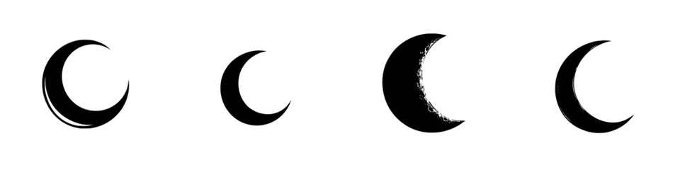 Collection of four different crescent moon icons in flat black design showcasing varying styles and textures © Andrei