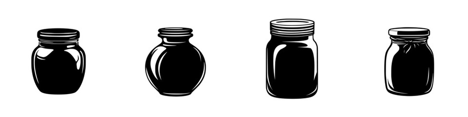 Flat black icon collection featuring various jar shapes and sizes suitable for diverse design projects