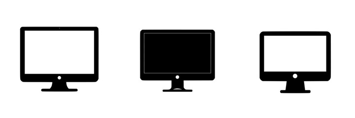 Flat black icons representing different types of computer monitors in a minimalist design suitable for digital applications