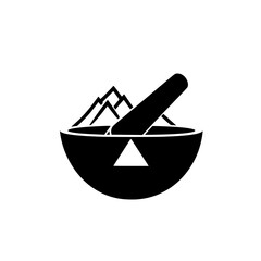 Black icon featuring a mortar and pestle with mountains and a triangle symbol illustrating a culinary or herbal theme