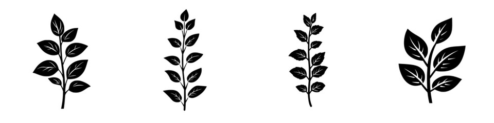 Stylized flat black icons of various leaf branches representing nature and foliage in a minimalist design