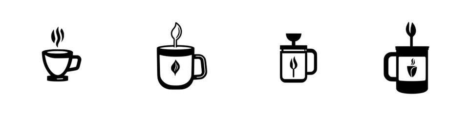 Icons depicting coffee cups and brewing equipment in a flat black design for a minimalist aesthetic